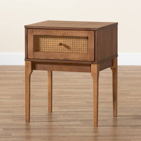 Ramiel Mid-Century Modern Ash Walnut Finished Wood and Rattan 1-Drawer Nightstand