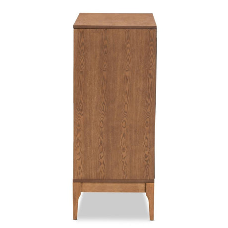 Ramiel Mid-Century Modern Ash Walnut Finished Wood and Rattan 4-Drawer Chest