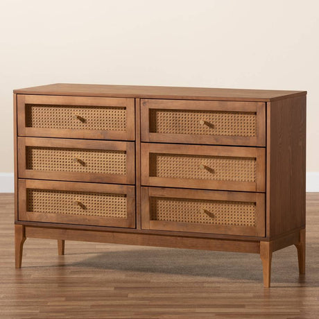 Ramiel Mid-Century Modern Ash Walnut Finished Wood and Rattan 6-Drawer Dresser