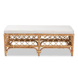 Orchard Modern Wicker Fair White Fabric Upholstered and Natural Brown Rattan Bench