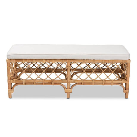 Orchard Modern Wicker Fair White Fabric Upholstered and Natural Brown Rattan Bench