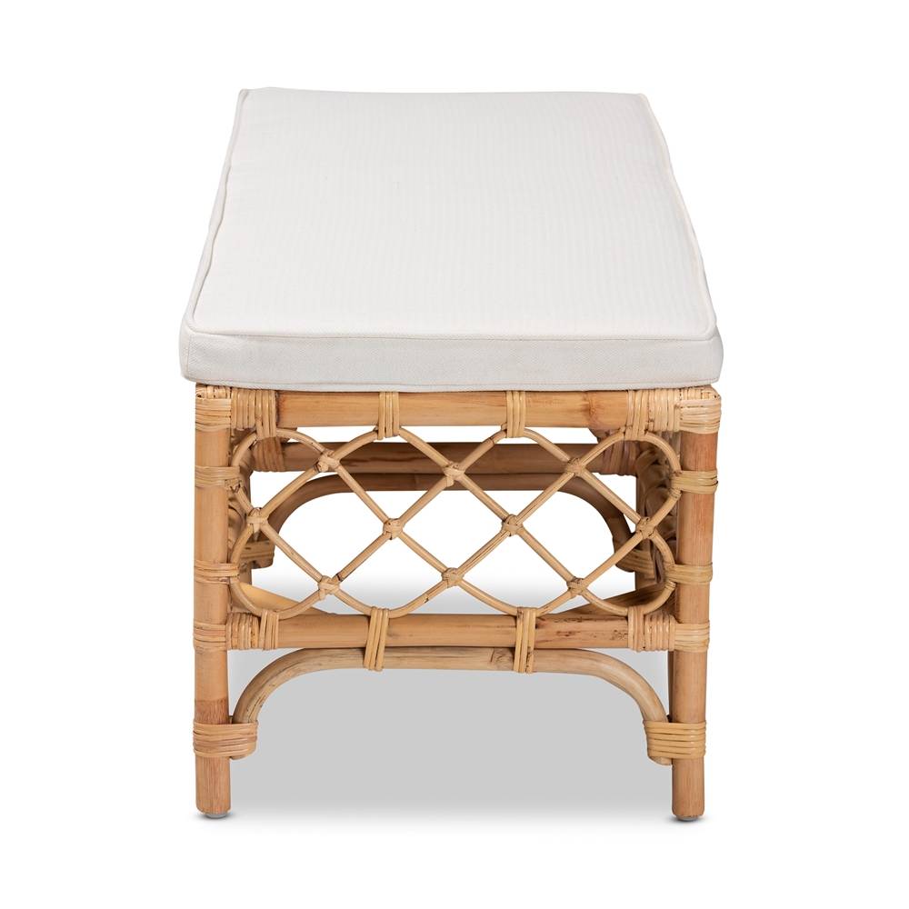 Orchard Modern Wicker Fair White Fabric Upholstered and Natural Brown Rattan Bench