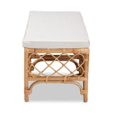 Orchard Modern Wicker Fair White Fabric Upholstered and Natural Brown Rattan Bench