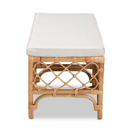 Orchard Modern Wicker Fair White Fabric Upholstered and Natural Brown Rattan Bench