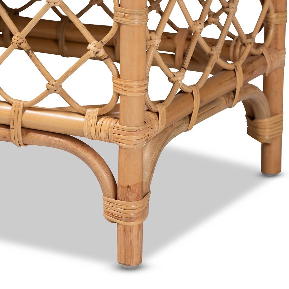 Orchard Modern Wicker Fair White Fabric Upholstered and Natural Brown Rattan Bench
