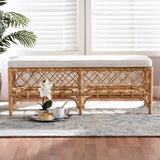 Orchard Modern Wicker Fair White Fabric Upholstered and Natural Brown Rattan Bench
