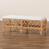 Orchard Modern Wicker Fair White Fabric Upholstered and Natural Brown Rattan Bench