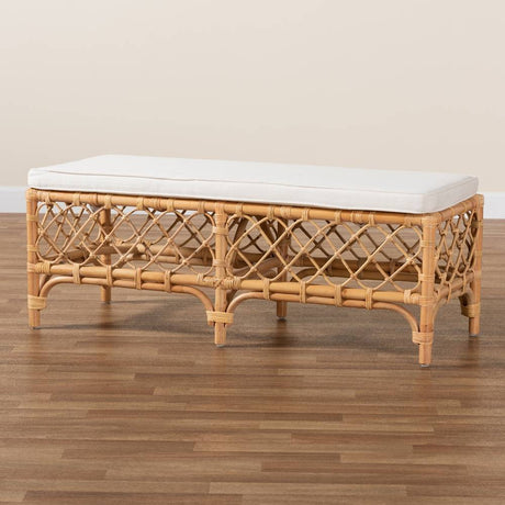 Orchard Modern Wicker Fair White Fabric Upholstered and Natural Brown Rattan Bench