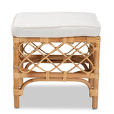 Orchard Modern Wicker Fair White Fabric Upholstered and Natural Brown Rattan Ottoman