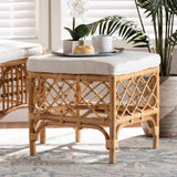Orchard Modern Wicker Fair White Fabric Upholstered and Natural Brown Rattan Ottoman