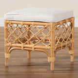Orchard Modern Wicker Fair White Fabric Upholstered and Natural Brown Rattan Ottoman