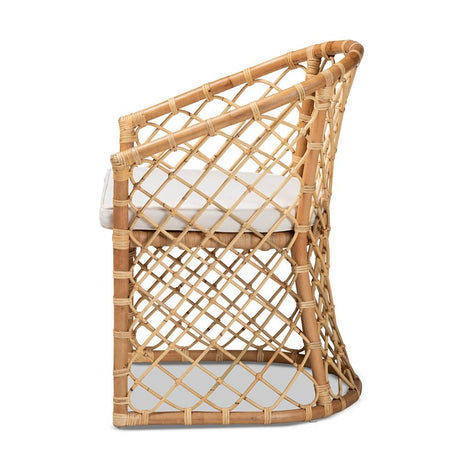 Orchard Modern Wicker Fair White Fabric Upholstered and Natural Brown Rattan Dining Chair