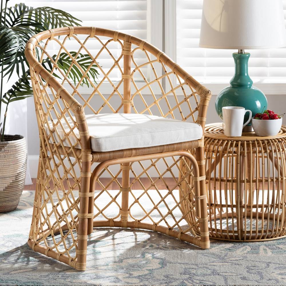 Orchard Modern Wicker Fair White Fabric Upholstered and Natural Brown Rattan Dining Chair