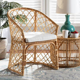 Orchard Modern Wicker Fair White Fabric Upholstered and Natural Brown Rattan Dining Chair