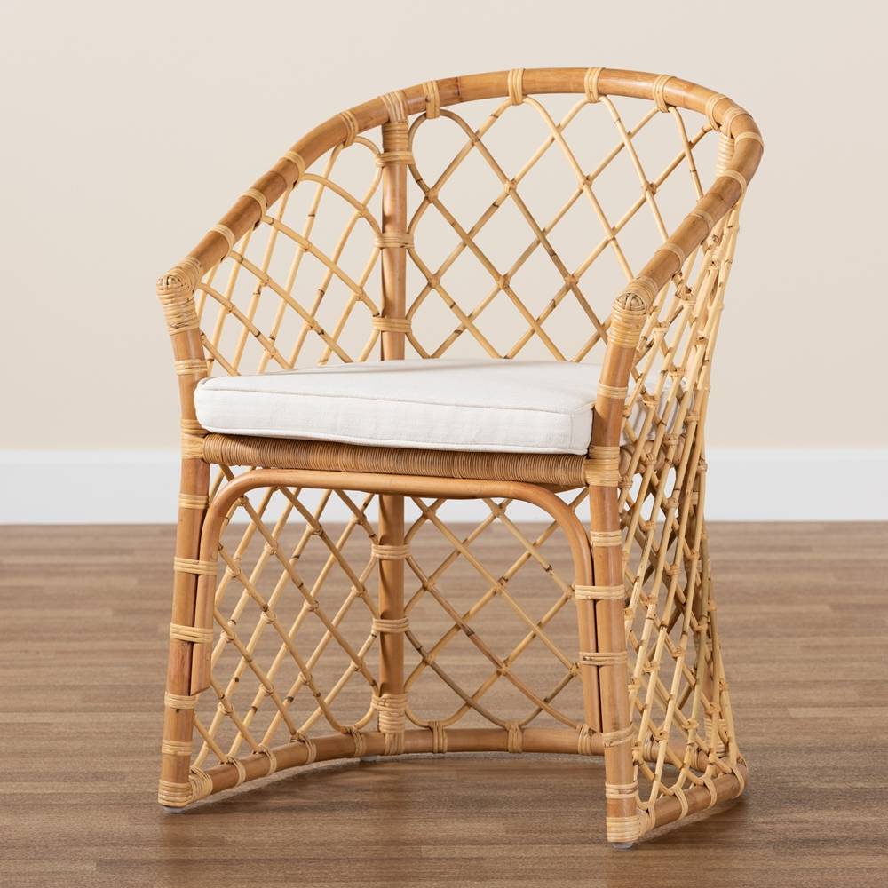 Orchard Modern Wicker Fair White Fabric Upholstered and Natural Brown Rattan Dining Chair