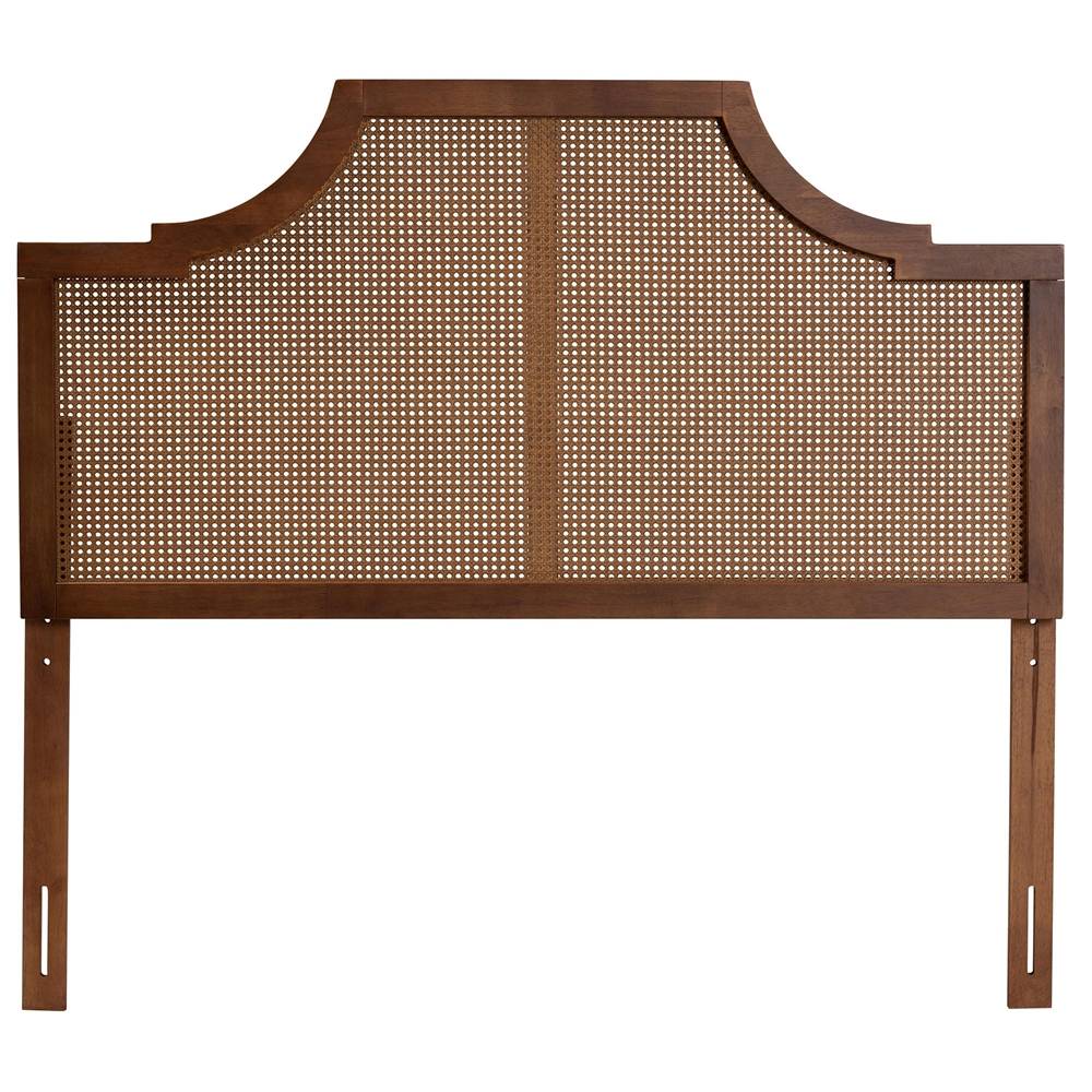 Risha Mid-Century Modern Ash Walnut Finished Wood and Rattan King Size Headboard