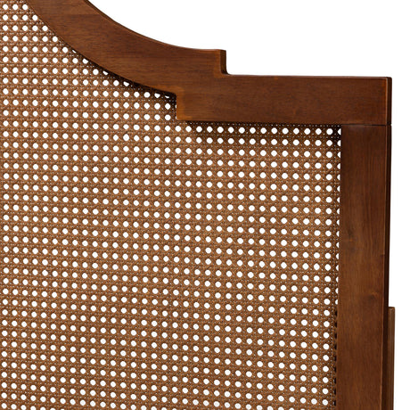Risha Mid-Century Modern Ash Walnut Finished Wood and Rattan King Size Headboard