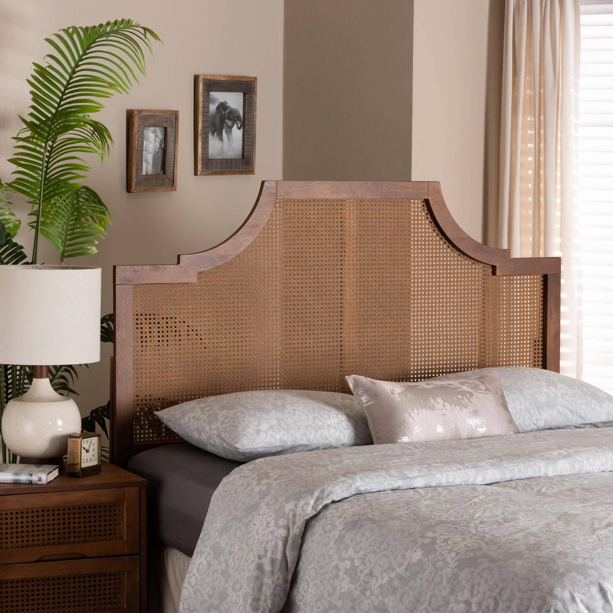 Risha Mid-Century Modern Ash Walnut Finished Wood and Rattan Queen Size Headboard
