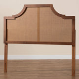 Risha Mid-Century Modern Ash Walnut Finished Wood and Rattan Queen Size Headboard