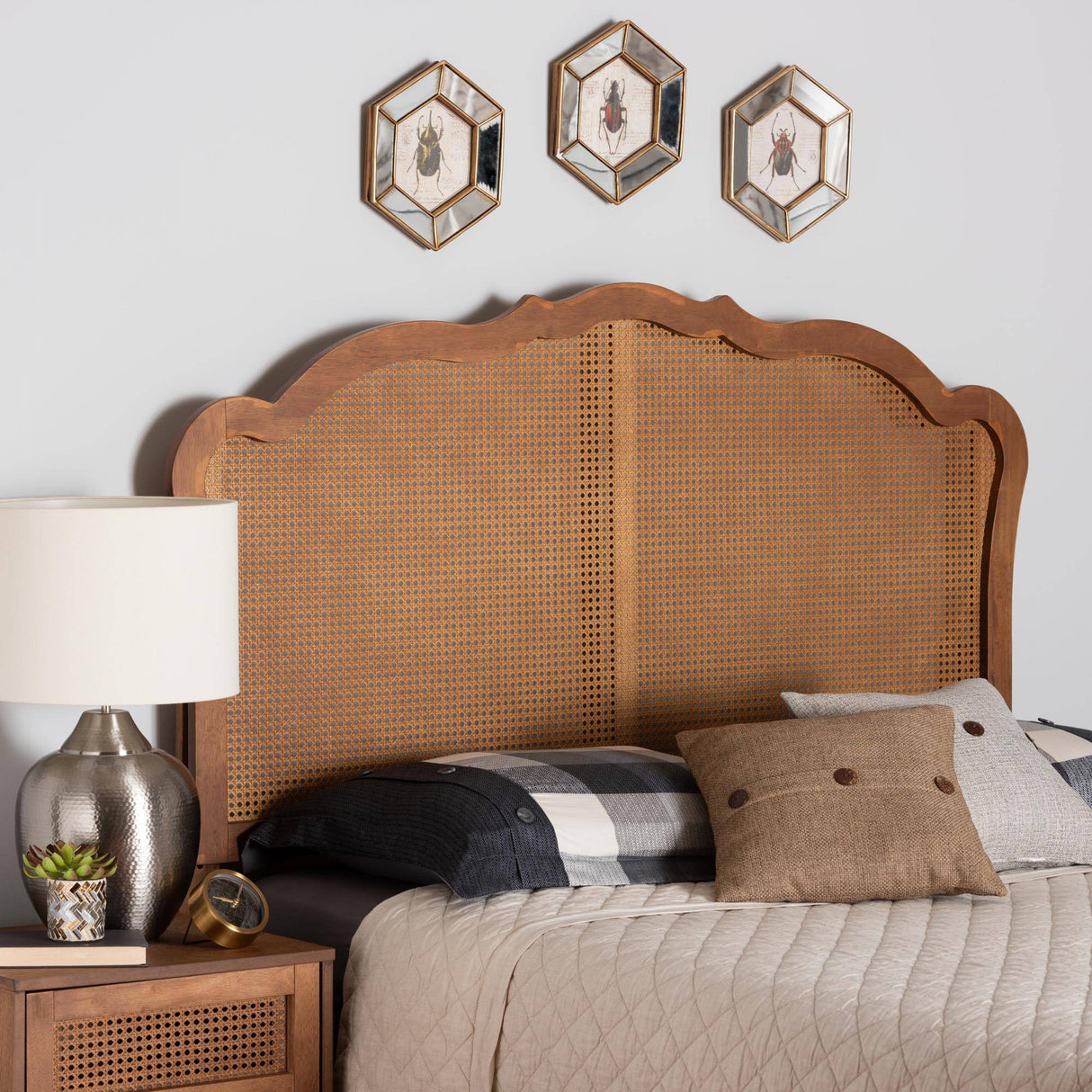 Leandra Classic and Traditional Ash Walnut Finished Wood King Size Headboard with Rattan