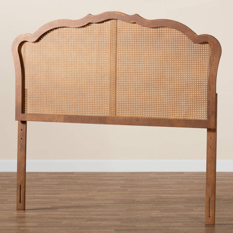 Leandra Classic and Traditional Ash Walnut Finished Wood Queen Size Headboard with Rattan