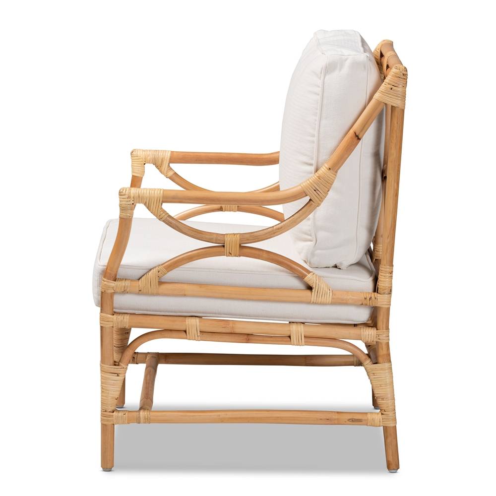 Brandon Modern Wicker Fair White Fabric Upholstered and Natural Brown Rattan Armchair