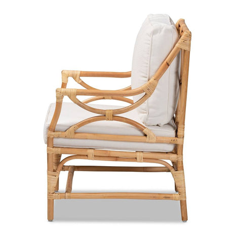 Brandon Modern Wicker Fair White Fabric Upholstered and Natural Brown Rattan Armchair