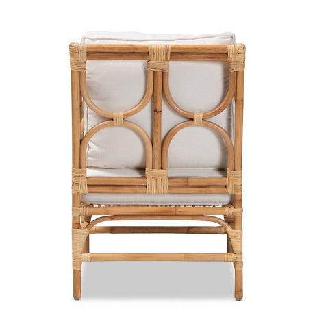 Brandon Modern Wicker Fair White Fabric Upholstered and Natural Brown Rattan Armchair