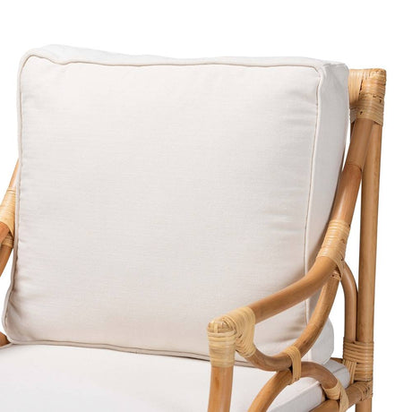 Brandon Modern Wicker Fair White Fabric Upholstered and Natural Brown Rattan Armchair