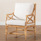 Brandon Modern Wicker Fair White Fabric Upholstered and Natural Brown Rattan Armchair
