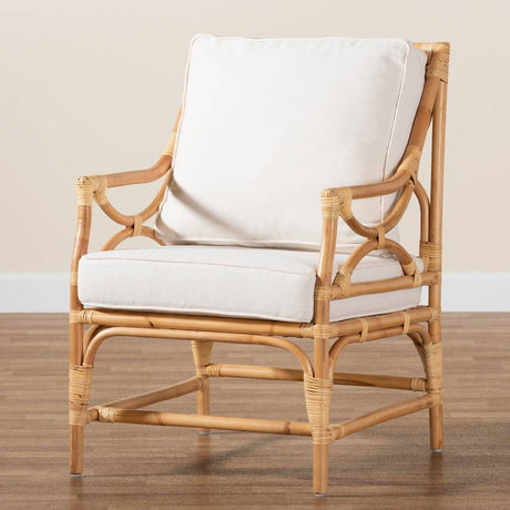 Brandon Modern Wicker Fair White Fabric Upholstered and Natural Brown Rattan Armchair