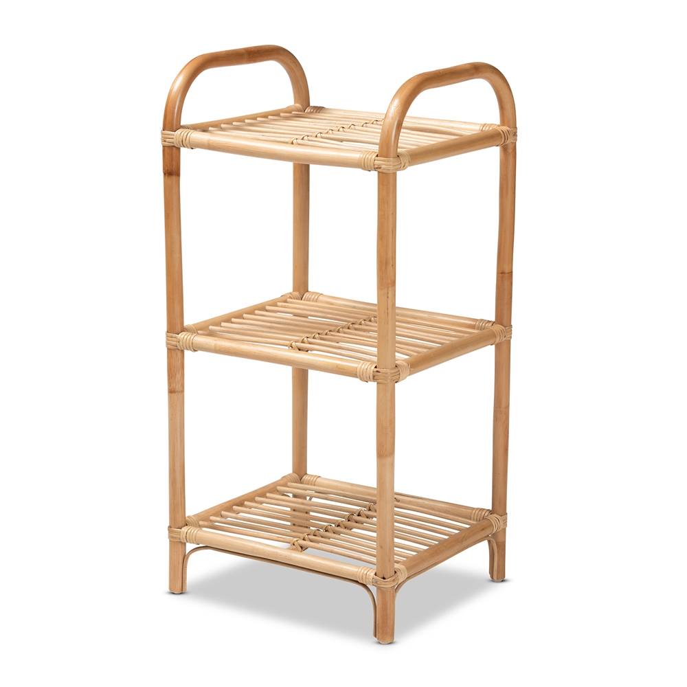 Barras Modern Wicker Fair Natural Brown Finished Rattan 3-Tier Display Shelf