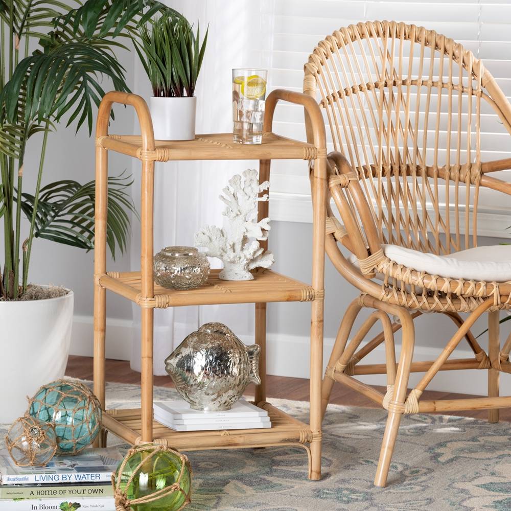 Barras Modern Wicker Fair Natural Brown Finished Rattan 3-Tier Display Shelf