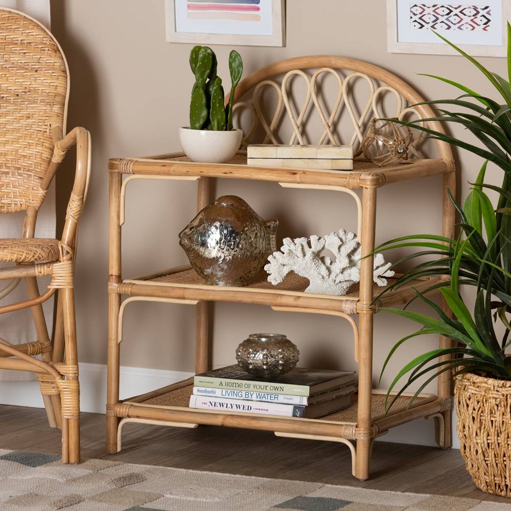 Redell Modern Wicker Fair Natural Brown Rattan 3-Tier Display Shelf