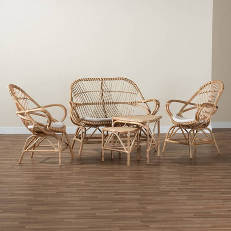 Jayden Modern Wicker Fair White Fabric Upholstered and Natural Brown Finished Rattan 5-Piece Living Room Set