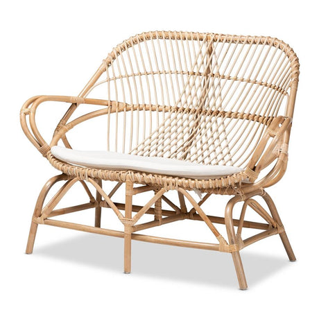 Jayden Modern Wicker Fair White Fabric Upholstered and Natural Brown Finished Rattan 5-Piece Living Room Set