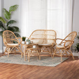 Jayden Modern Wicker Fair White Fabric Upholstered and Natural Brown Finished Rattan 5-Piece Living Room Set