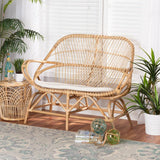Jayden Modern Wicker Fair White Fabric Upholstered and Natural Brown Finished Rattan Loveseat