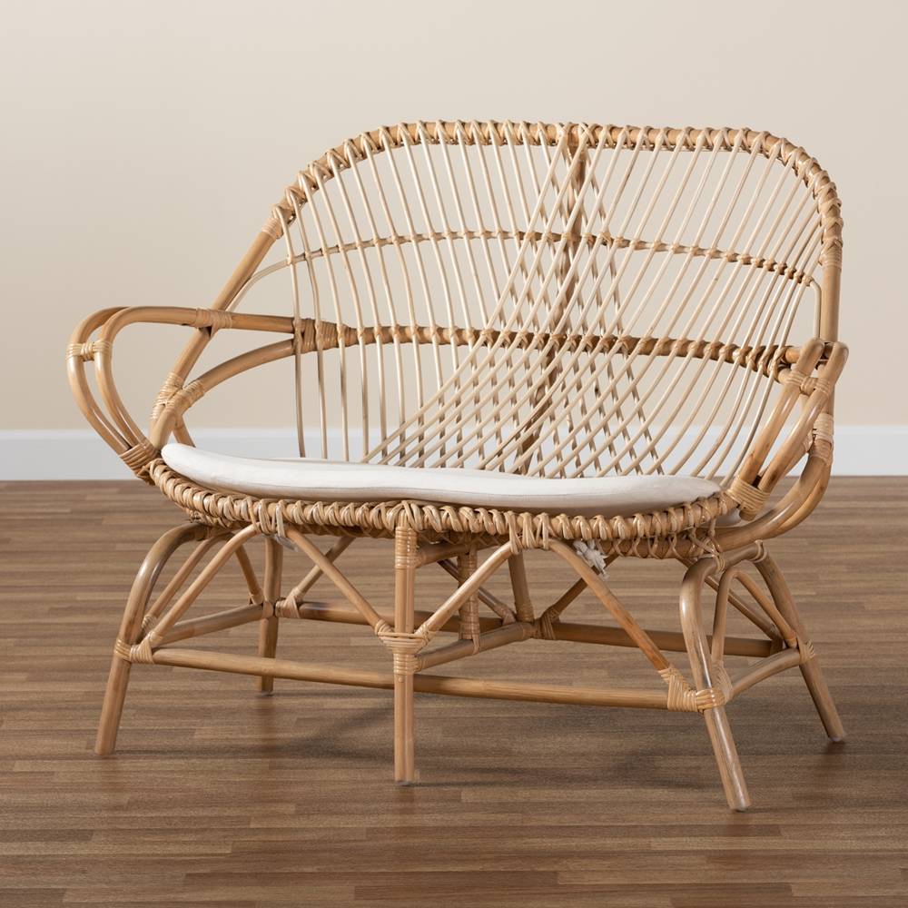 Jayden Modern Wicker Fair White Fabric Upholstered and Natural Brown Finished Rattan Loveseat