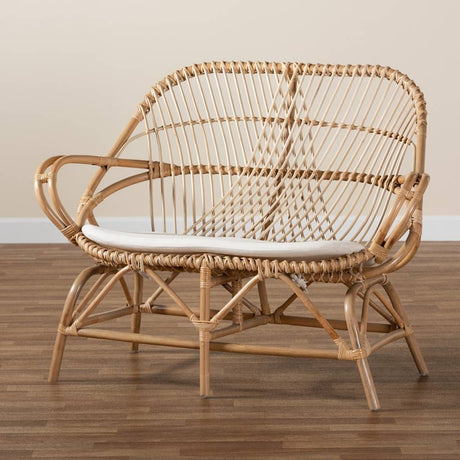 Jayden Modern Wicker Fair White Fabric Upholstered and Natural Brown Finished Rattan Loveseat