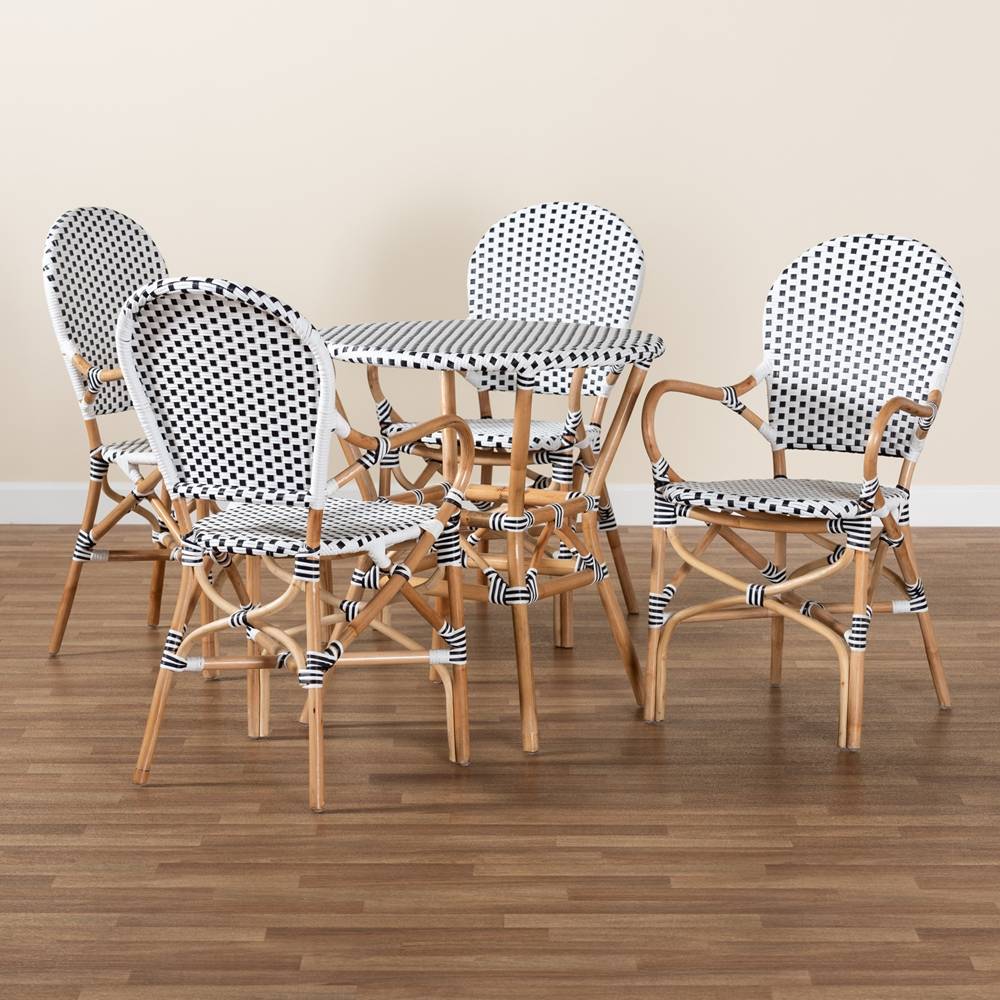 Naila Classic French Black and White Plastic and Natural Brown Rattan 5-Piece Indoor and Outdoor Bistro Set