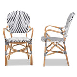 Naila Classic French Black and White Weaving and Natural Brown Rattan 2-Piece Indoor and Outdoor Bistro Chair Set