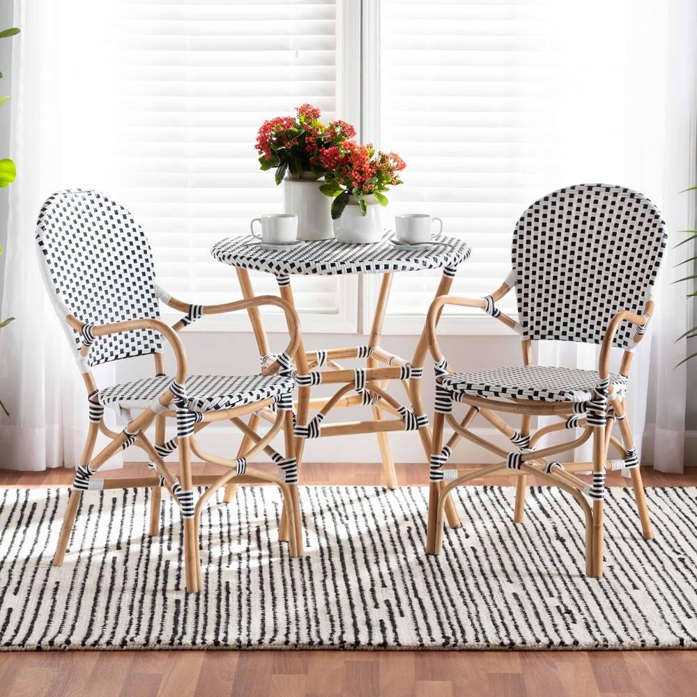 Naila Classic French Black and White Weaving and Natural Brown Rattan 2-Piece Indoor and Outdoor Bistro Chair Set
