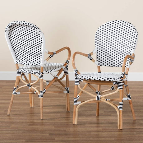 Naila Classic French Black and White Weaving and Natural Brown Rattan 2-Piece Indoor and Outdoor Bistro Chair Set