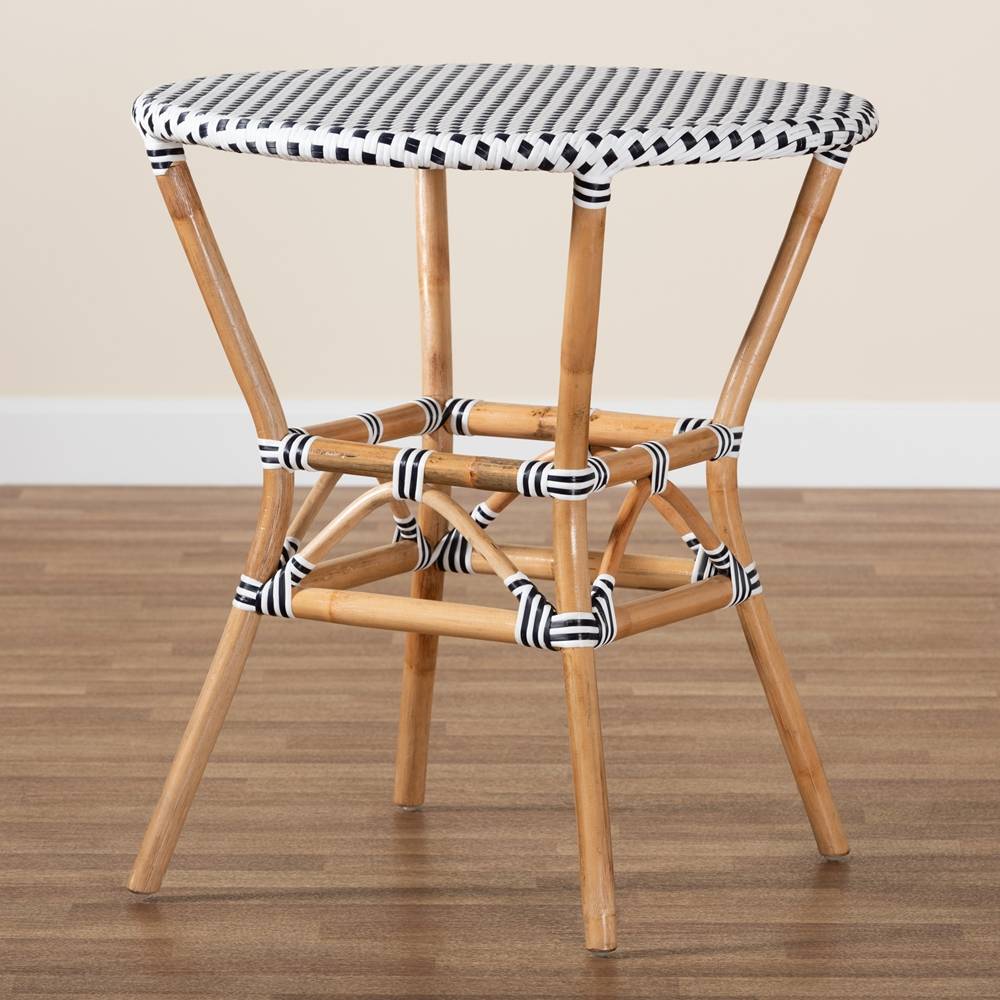 Tavor Classic French Black and White Weaving and Natural Brown Rattan Indoor and Outdoor Bistro Table