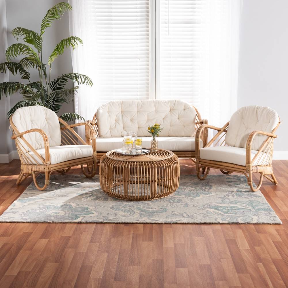 Aliane Modern Wicker Fair Natural Brown Antique Rattan 4-Piece Living Room Set