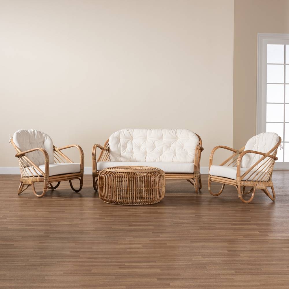 Aliane Modern Wicker Fair Natural Brown Antique Rattan 4-Piece Living Room Set
