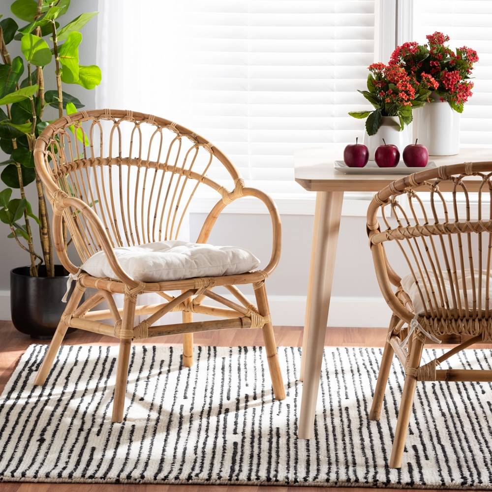 Alleta Modern Wicker Fair Natural Brown Rattan 2-Piece Dining Chair Set