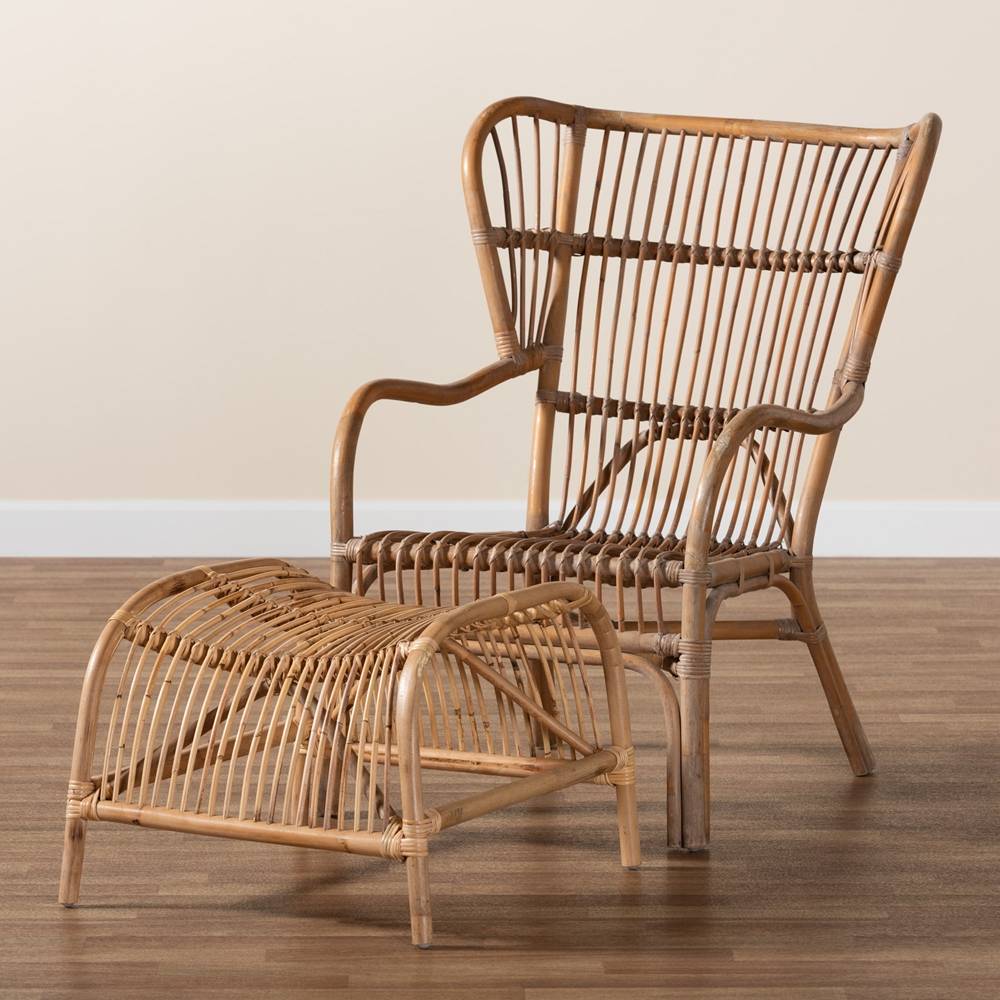 Lamaria Modern Bohmenian Natural Brown Antique Rattan 2-Piece Chair and Footstool Set