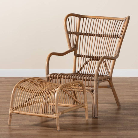 Lamaria Modern Bohmenian Natural Brown Antique Rattan 2-Piece Chair and Footstool Set